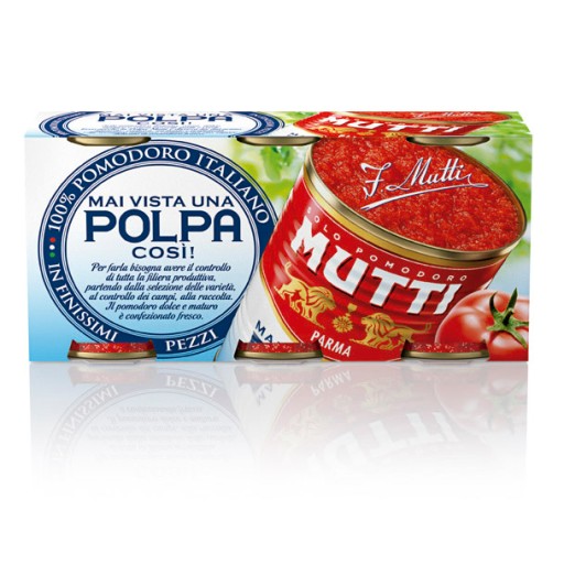 Dužina Mutti 3x400 g Produkt talianskych paradajok pre taliansky trh bez anglických titulkov