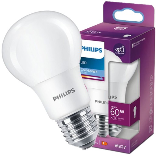 E27 A60 LED žiarovka 7,5W = 60W 806lm 6500K Cool White PHILIPS