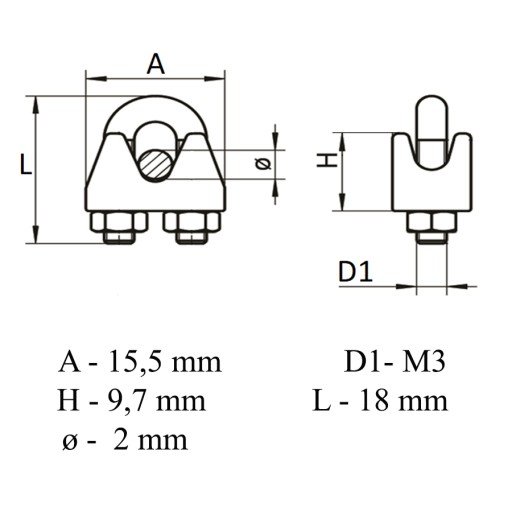 Lanová svorka v tvare U, 2 mm, INOX 316