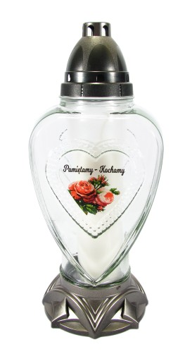 Sklenená srdcová sviečka s nápisom We love - Spomíname, veľký lampáš, 31 cm