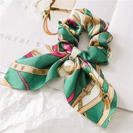 Gumička do vlasov, šatka, scrunchies, zelená mašľa, perleťové vzory