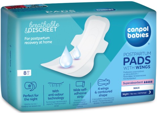 CANPOL popôrodné vložky s krídelkami na noc, ABSORBENT, 8 ks.