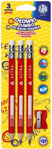 ASTRA HB ceruzka s gumou NA NAUČENIE PÍSAŤ, trojuholníkové Jumbo, 3 ks + strúhadlo
