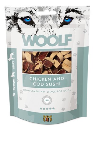 WOOLF KURA A TRESKA SUSHI 100g Woolf Treska sushi pochúťka pre psov