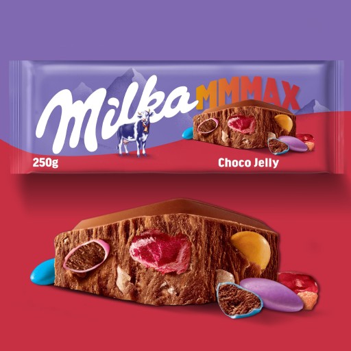 Milka veľká mliečna čokoláda Mmmax Choco Jelly s želé a cukríkmi 250g