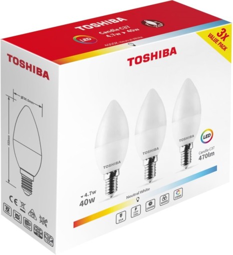 3x LED žiarovka E14 C37 4,7W = 40W 470lm 4000K neutrálna mliečna TOSHIBA