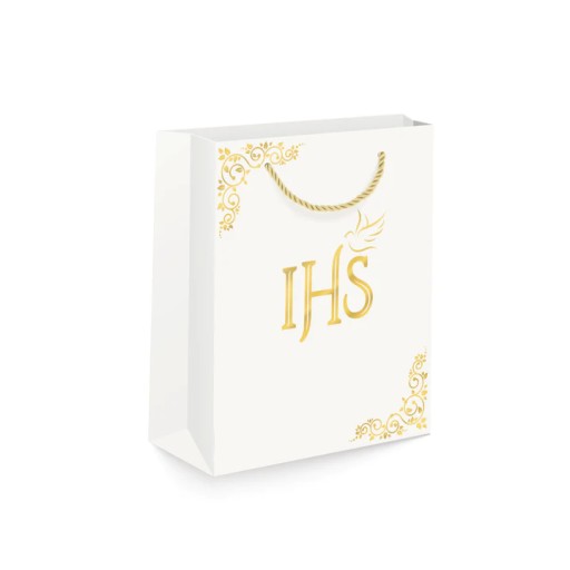 IHS bielo-zlatá darčeková taštička na prijímanie MIX VZOROV SVÄTÉ PRIJÍMANIE