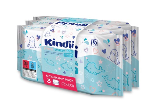 Vlhčené obrúsky Kindii Pure Water 99% voda, (4x60 ks) 3 + 1 zdarma