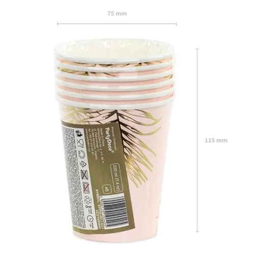 Narodeninové papierové poháre ružové zlaté listy na narodeniny 220ml, 6 kusov