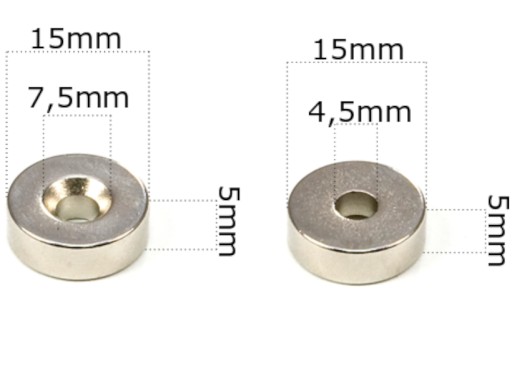 SILNÝ NEODYMOVÝ MAGNET 15x5 mm S OTVOROM 7,5/4,5 mm NA SKRUTKU
