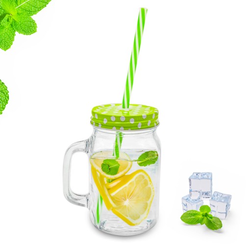 500ml hrnček s vrchnákom a slamkou, uzavretá dóza s uškom, sklo