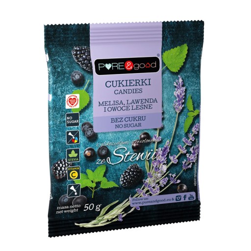 Melisa / Levanduľa / Lesné ovocie Tvrdé cukríky BEZ CUKRU 50g Pure&Good