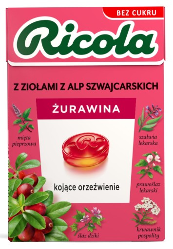 Ricola bylinkové cukríky na hrdlo a kašeľ s brusnicami, bez cukru, 27,5g
