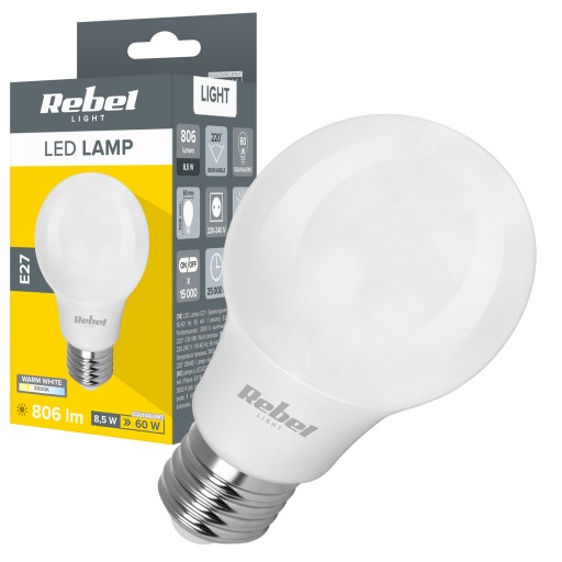 LED žiarovka 8,5W E27 A60 806lm 3000K Rebel