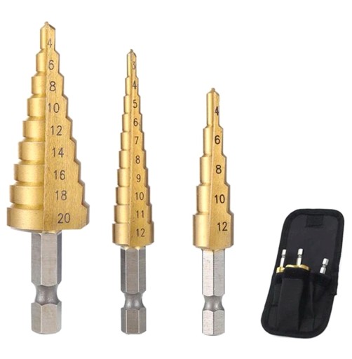 Stupňovité oceľové vrtáky, sada 3 ks, kužeľové, 3-20 mm, na drevo, plech