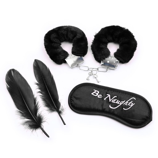 BLACK BDSM SET 3 DIELS PUTÁTY, zaviazané oči, pierko
