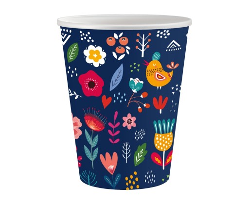 Námornícke modré papierové poháre s kvetmi 250 ml 6 ks