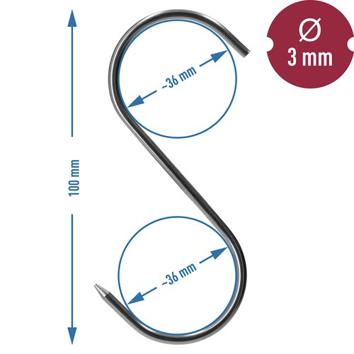 Údiarenské háky S - 100 mm, priemer 3 mm, 3 kusy