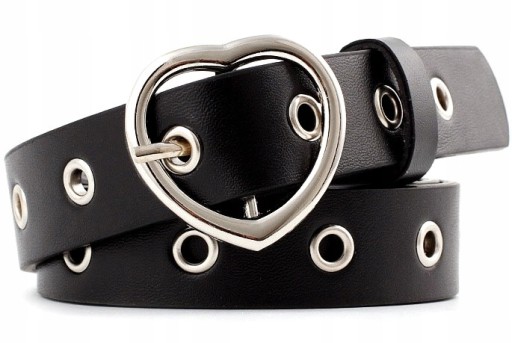 Čierny remienok s dierkami, strieborné srdiečko BUCKLE, koža
