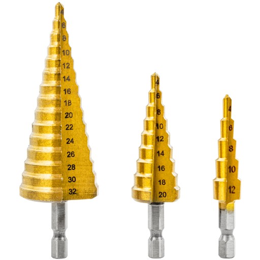 KROKOVÉ KUŽEĽOVÉ VRTÁKY PRE KOV DREVO PLASTOVÝ PLECH 4-32 MM HEX