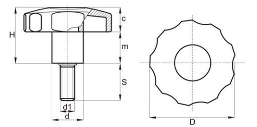 HVIEZDNÁ SKRUTKA GOMBÍKA M8x38 50mm RUKOVÄŤ GOMBÍKA