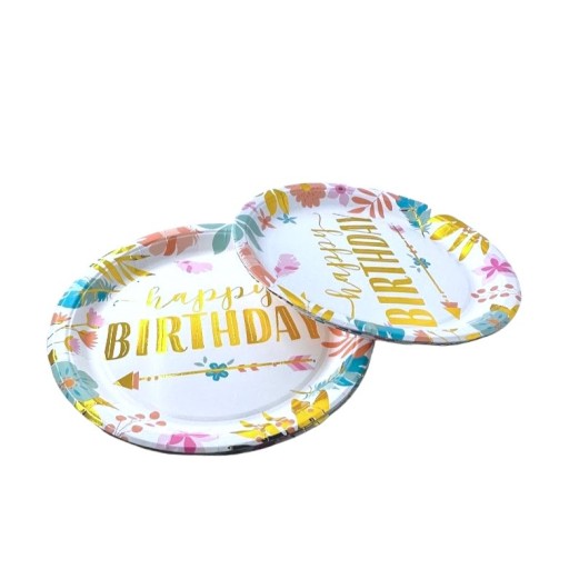 Happy Birthday papierové taniere 23cm BOHO FLOWERS zlatý nápis Birthday