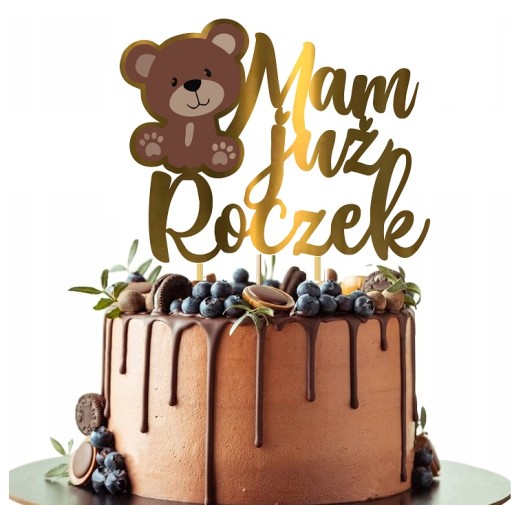 Tortový topper 1. narodeniny MÁM UŽ ROK plyšového medvedíka