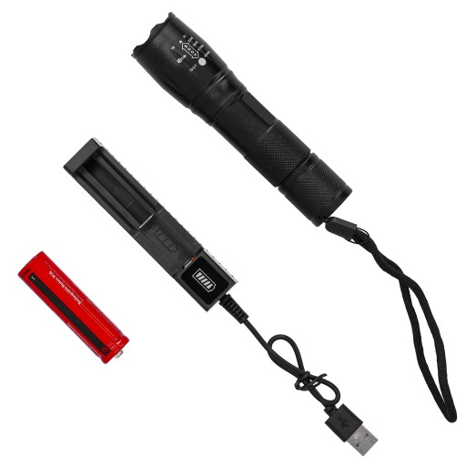 VOJENSKÁ DOBÍJATEĽNÁ BATERKA taktická LED ZOOM silná 1000lm + puzdro