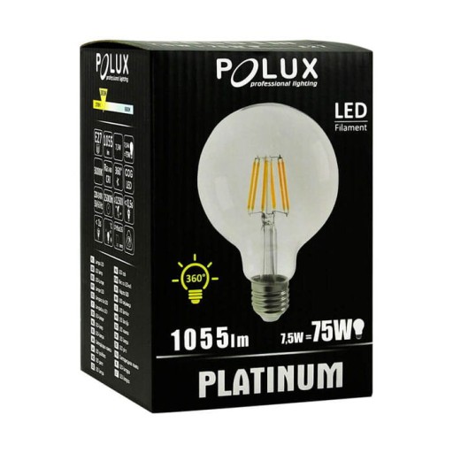 GLOB G95 E27 LED žiarovka 7,5W teplá 3000K 1055lm priehľadná POLUX