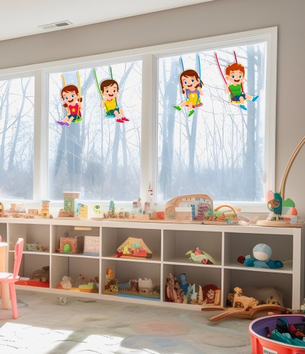 Jarná a letná okenná dekorácia DETI NA HEJDAČKÁCH, obojstranná, veľká, 4 ks.