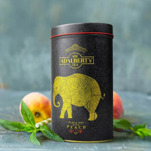 Sir Adalbert's Peach Black Leaf Tea, kovová plechovka, 100g