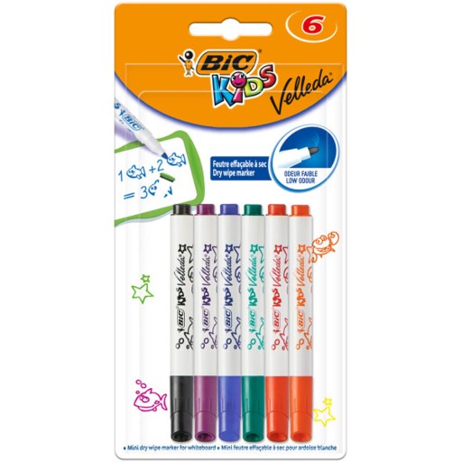 Popisovače BIC Kids Mini Velleda stierateľné za sucha, jemný okrúhly hrot, 6 ks.