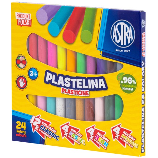 Astra PLASTELINA 24 farieb (12 klasických, 4 pastelové, 4 neónové, 4 kovové)