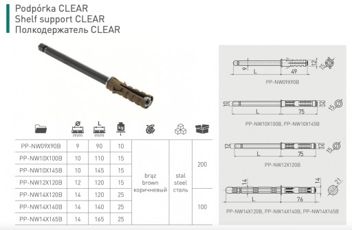 Neviditeľné rameno Podpera police Bronzový kolík 10x100