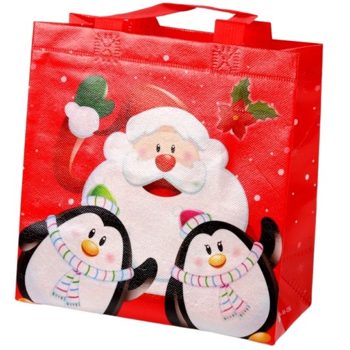 Červená darčeková taška Santa a Penguins 22 cm x 22 cm x 11 cm