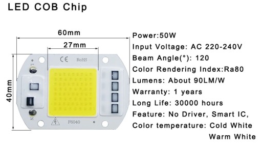 LED modul COB 50W 230V Halogénový reflektor