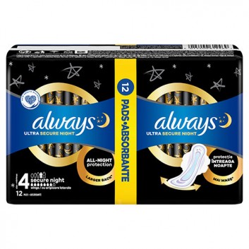 Always Ultra Secure Night 4 Hygienické vložky s krídelkami 12 ks.