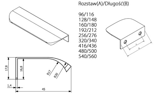 MILANO hranová rukoväť L-180 mm LESK CHROM