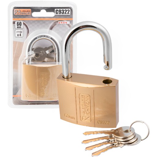 ZLATÝ ZÁMOK VISIACI ZÁMEK PREMIUM 60MM + 4 KĽÚČE RICHMANN C9322