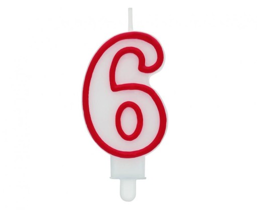 Narodeninová sviečka číslo 6, biela s červeným obrysom, 7 cm