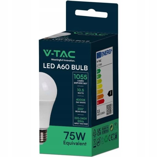 V-TAC LED ŽIAROVKA SMD E27 10,5W = 75W A60 STUDENÁ 1055lm 6500K