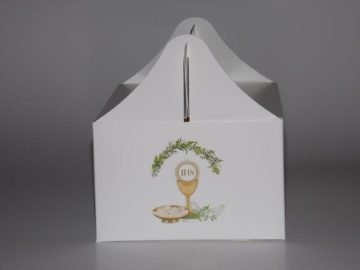 KRABIČKA NA TORTY BIELE POTLAČ PRVÝ SPOJOVÝ VENIEC 19x14x9cm ČERVENÝ PLAST