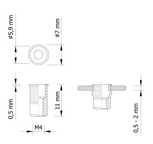 Drážkovaná nitovacia matica, mini kužeľ, M4 x 11 mm