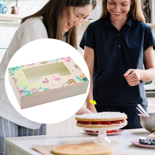 4x Obdĺžnikový box s okienkom na tortu Flamingos