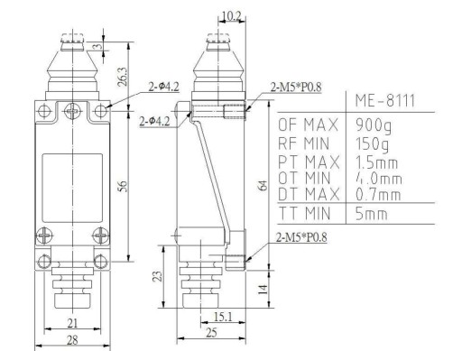 ME-8111 koncový spínač s 6,8mm kolíkom, nástrčný IP65 NO+NC
