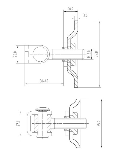 Nastaviteľný záves M12 s pozinkovaným plechom M12. 75 x 55