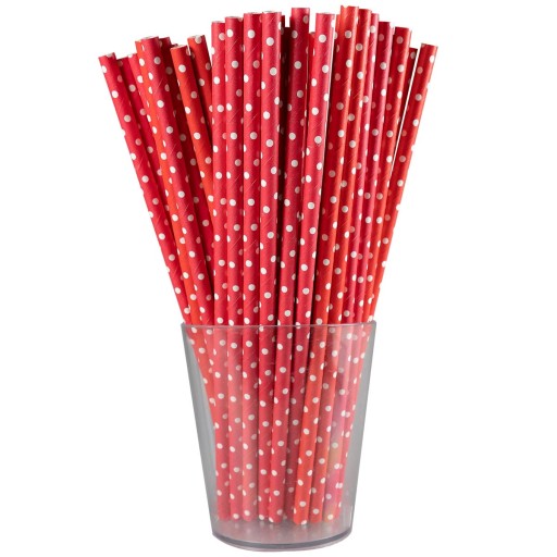 Červené papierové slamky s bielymi bodkami 20cm 6mm, 12 ks