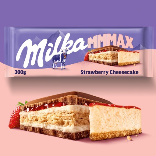 Milka veľká mliečna čokoláda Mmmax Jahodový tvarohový koláč 300g