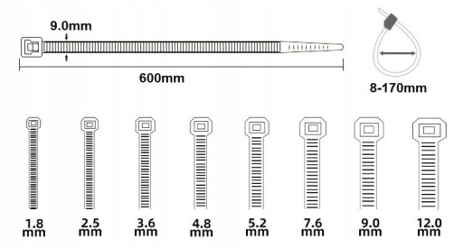 KABELOVÉ VIAZAČKY ČIERNA UV 9,0x600mm 20 ks