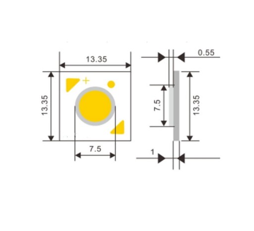 COB LED 13,35x13,35mm Ø7,5mm neutrálna biela 6-12W 150-300mA